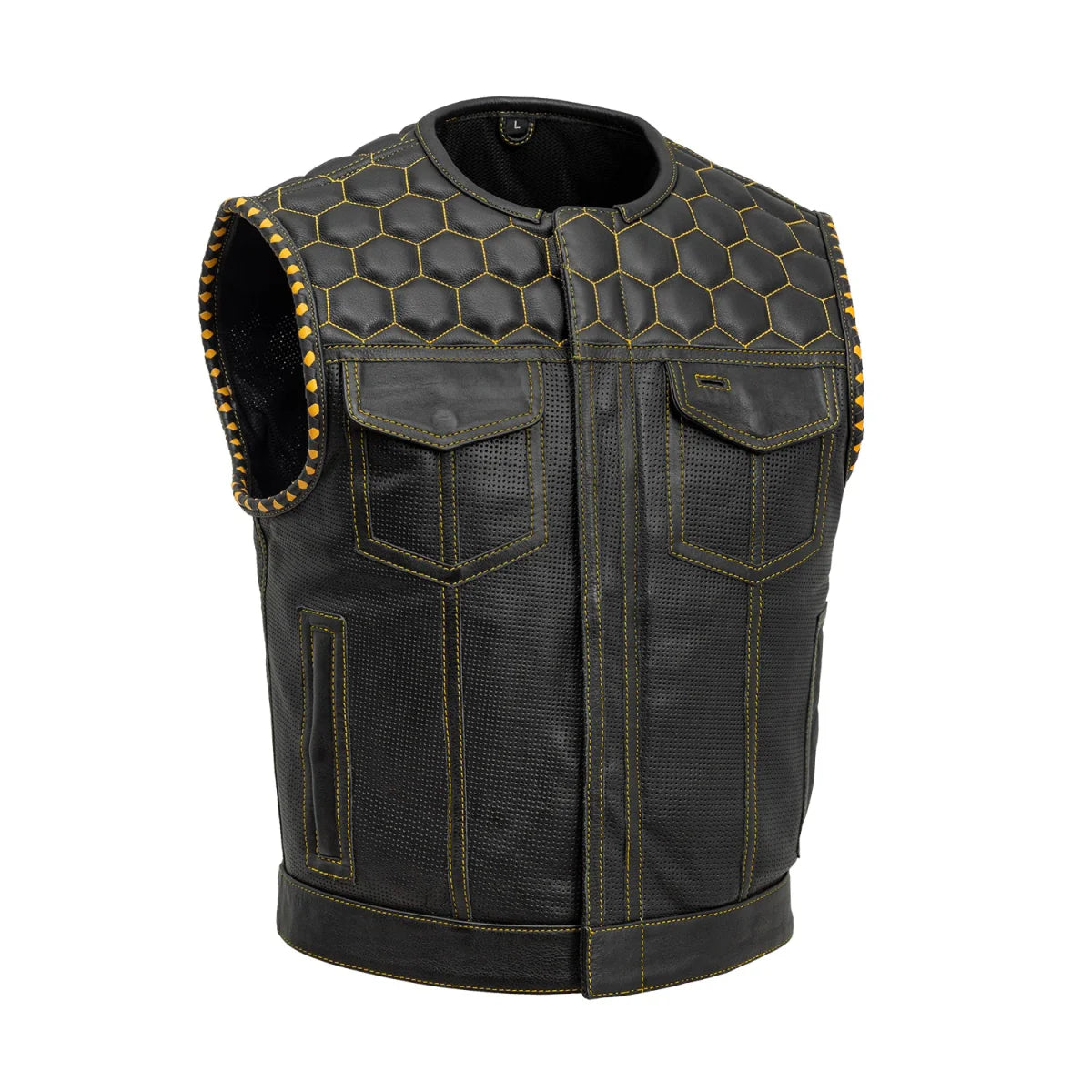 Lowside Hornet Perforated Men's Club Style Leather Vest Men's Leather Vest First Manufacturing Company Black Gold S